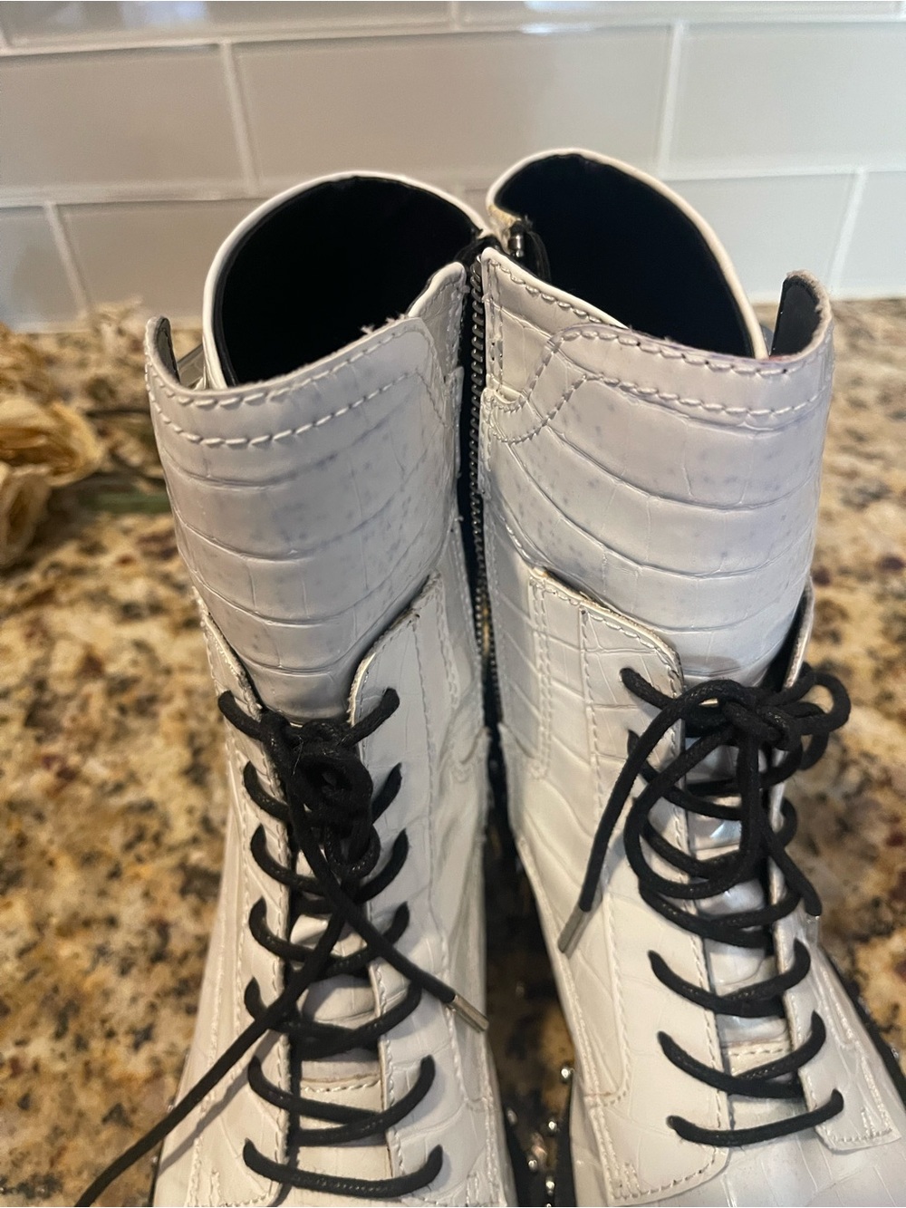 Dolce Vita White Croc-Embossed Lace-Up Studded Ankle Boots - Picture 2 of 7